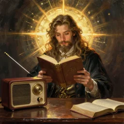 wizard, radio equipment, desk, tome, painting by Greg Rutkowski