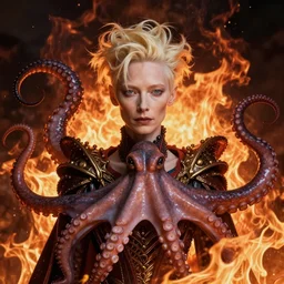 queen of hell portrait of Tilda Swinton, fire and flame, big long hell serpent octopus, Pixar style, by Tristan Eaton Stanley Artgerm and Peter Mohrbacher and Tom Bagshaw and Boris Vallejo.