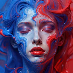 dreaming face, made of swirling liquids, paints mixing, blue and red, digital art, portrait