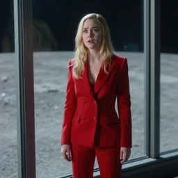 a medium full shot detailed portrait photograph by annie leibovitz still from bladerunner 2 0 4 9 of elle fanning looking anxious in a tailored red suit standing next to a plate glass window. outside we see the surface of the moon. sci fi, futuristic, cinematic, soft lighting, sci fi, bladerunner, canon eos r 3, f / 3, iso 2 0 0, 1 / 1 6 0 s, 8 k, raw, unedited
