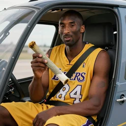 A picture of Kobe Bryant sitting in the cockpit of a helicopter and holding a giant marijuana joint, digital art, hyper realistic, sharp