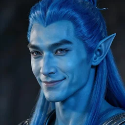 a face portrait of a [ blue ] humanoid male with, elegant, smiling, chiseled jaw, slightly smiling, triton race from d & d, elf ears, beautiful man, long blue hair in a ponytail, short hair on sides, style by donato giancola, wayne reynolds, jeff easley dramatic light, high detail, cinematic lighting, artstation,