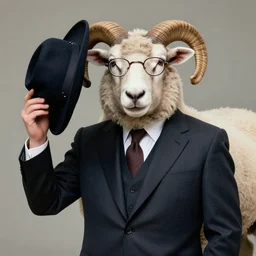 a portrait of a male sheep, a gentleman, sheep wearing a suit, a glasses, hold a hat, by andrews esao