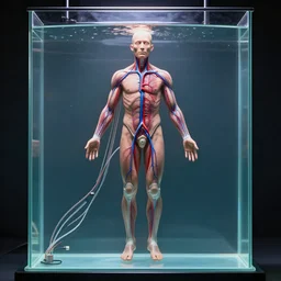 a full body human without skin showing circulatory system floating in a glass tank, suspended in clear liquid, attached to tubes and cables, hyperealism, unreal engine, intense detail, clear image, high octane render, anatomically correct, 8 k