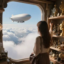 a woman locks up her magical shop in the clouds, as an airship awaits in the distance to carry her home for the weekend