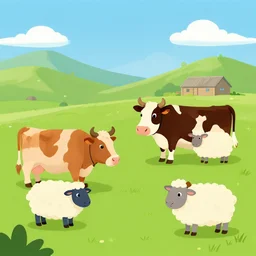 new zealand farm, cute cows and sheep, in the style of disney's home on the range, clean cel, vector art
