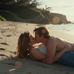 A film photography of a couple kissing from movie Here to Eternity, laying on secluded beach. by William Egglestone. Cinematic. Golden Hour. Kodak Portra 400. Lens flare. 50mm lens