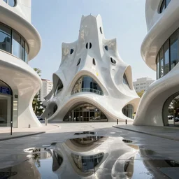 highly detailed futuristic architecture by Antoni Gaudí and Santiago Calatrava, reflective lighting, empty streetscapes, ground-level view, puddles of water, signs, stunning sunny lighting, sunrise, vivid colors, in the style of pixar animation, trending on Artstation, 8k, matte painting, ray tracing, hyper detailed, unreal engine 5, cinematic, epic lighting, cryengine, octane render, cyberpunk, red and orange glow, vibrant