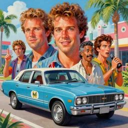 a mixed media portrait painting of crockett and tubbs in their car, miami vice eighties, detailed facial features, by frank frazetta, greg rutkowski, beeple, yoko taro, christian macnevin, beeple, wlop and krenz cushart, epic fantasy character art, volumetric indoor lighting, midday, high fantasy, cgsociety, cheerful colours, full length, exquisite detail, post - processing, masterpiece, cinematic