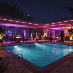 A modern indoors pool party with cyberpunk illumination at night. GTA V In game render.