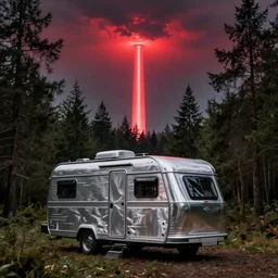 a silver metallkc camper in a forest clearing. a long tall pillar of red light raising into the sky in background