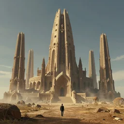 matte painting of mos eisley with towering uninhabited skeletal temple architecture designed by hr giger, great plains, global illumination, volumetric lighting, tom bagshaw, alphonse mucha, 3 5 mm film still, masterpiece, weta digital