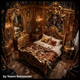 top down view house bedroom, rich interior, detail ornate, gold and wood, 1 9 2 0 furniture, mansions of madness, insane, evel fluid, darkness, arham horror, by yoann boissonnet, artstation, high detail, 4 k, high definition, sharp, black edges