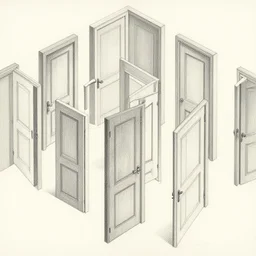 lithograph of infinite doors, pencil drawing, isometric view