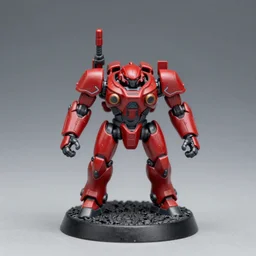 8 0 mm resin detailed miniature of a armored core with red, full body, head, legs, textured base ; product photos, 4 k, view from front