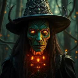 portrait of forest witch, beautiful, attractive, glowing, jaw dropping, magical, dynamic lighting, dark, menacing, 4 k, octane render, age 2 0, background enchanted forest, intricate and ornate