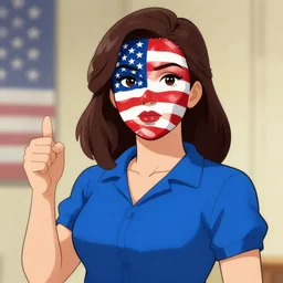 a woman in a blue shirt with an american flag on her face, a cartoon by ei - q, trending on pixiv, american realism, american propaganda, furaffinity, 2 d