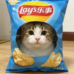 opening a bag of chips to find a cute cat sitting in it