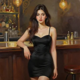 beautiful portrait painting an gorgeous delhi girl wearing a little black dress at a bar, oil painting, art by ruan jia