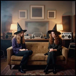 occult dadcore wizards and momcore witches in a bedroom recording studio, 1 9 6 0 s room, 1 9 6 0 s couch, retro hi - fi gear, retro audio recording gear, square picture frames, haze, shining lamps, smoke, fog, fujifilm velvia 5 0, wetplate, award - winning colour portrait