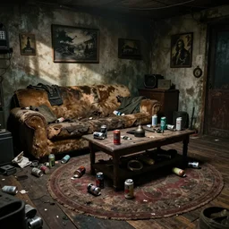 a dingy den, old torn couch, coffee table, lots of beer cans and garbage around, wood floors, large circular rug, stoner artifacts