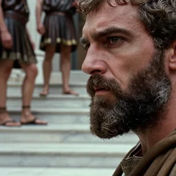 1 9 6 0 s movie still close - up of caligula stabbed by senators on marble stairs, cinestill 8 0 0 t 3 5 mm, high quality, heavy grain, high detail, dramatic light, anamorphic, detailed beard