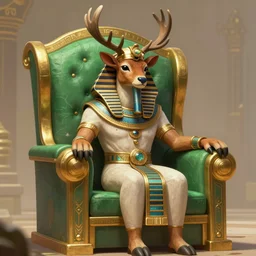 A small reindeer king sitting on a green throne in Egypt,  highly detailed portrait, scifi, digital painting, artstation, concept art, smooth, sharp foccus ilustration, Artstation HQ