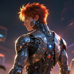 an intricate concept portrait art of a man with sci - fi body, post - apocalyptic, back view, hyper realistic, cgsociety, artstation, style by artgerm, cinematic lighting, photorealistic movie still, octane render, vibrant, anime color palette