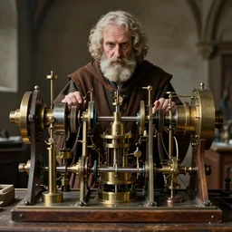a random pointlessly elaborate intricate contraption pneumatic machine with no apparent purpose, being operated by a medieval scholar with a clear directed gaze, xf iq 4, f / 5. 4, iso 2 0 0, 1 / 1 6 0 s, 8 k, raw, unedited, symmetrical balance, in - frame