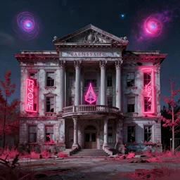 a beautiful detailed rendering of urbex abandoned consulate by wayne thiebaud, infrared neon signs assassin's creed cosmic myst, archdaily, wallpaper, highly detailed, trending on artstation.