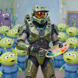 “a vibrant impressionist painting of Master Chief from Halo holding a paint palette and paint brush, in front of a class of cute attentively listening alien monsters, in the style of monet , Trending on artstation”