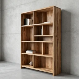 hyper realistic one point perspective of wooden book shelf with concrete background