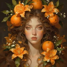 photo by eric burkhanaev, portrait with oranges, orange flowers, white small flowers, deep focus, d & d, fantasy, complex, elegant, highly detailed, digital painting, artstation, concept art, matte, clear focus, illustration, hearthstone, artgerm art, greg rutkovsky and alphonse mucha