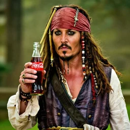 johnny depp as a captain jack sparrow having a coca - cola