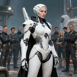 high intricate cyborg with white sci - fi armor and black garment, space harbor, maria panfilova, andrea savchenko, mike kime, ludovic plouffe, qi sheng luo, oliver cook, julian calle, eddie mendoza, trending on artstation
