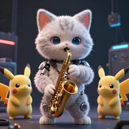 high quality 3 d render very cute fluffy cyborg! cat plays saxophone, cyberpunk highly detailed, unreal engine cinematic smooth, in the style of blade runner & detective pikachu, hannah yata charlie immer, moody light, low angle, uhd 8 k, sharp focus