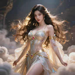 a beautiful female goddess of nissan character, character is in all its glory, character is in her natural relaxed pose, rim lights, particles and dust in the air, fancy clouds, highly detailed professional photo, dynamic lights, particles are flying, depth of field, trending on artstation, illustration, hyper realistic, vray caustics, super detailed, colorful accents, cinematic shot