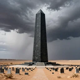 a long shot national geographic color photograph by daniel kordan depicting a tall and towering shining memorial made of black marble in an arid desert with roiling storm clouds raining acid rain onto hundreds of gravestones