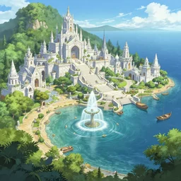 A port near the ocean in a beautiful elven city made of white marble, anime, lush trees, fountain, boats in the water, a fantasy digital painting by Greg Rutkowski and James Gurney, trending on Artstation, highly detailed
