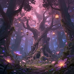 a digital painting of a magical fantasy forest, large magical trees, magical flowers, hanging lanterns, volumetric lighting, mystical, evening, concept art, trending on artstation, matte painting, high detail, high quality, pink/purple colour scheme