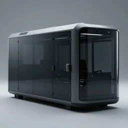 photo of a dark glass and plastic futuristic driveable aerodynamic rectangular box with doors and windows, raytraced, studio lighting