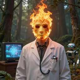 An album cover, (fire), mask, stethoscope!, (doctor), 3d render, robot!, TV, (unreal engine), (rust), photograph, portrait, painting, (forest), (trees)