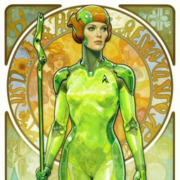 Jeri Ryan in the role of Seven of Nine the Borg from star trek, neon green, in the style of Alphonse Mucha,