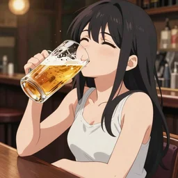 Masculine anime girl sitting at a bar, holding a large glass of beer, obviously drunk, camera angle looking up at her, HDR