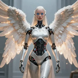 a stunning ultra detailed fantasy fine art full body portrait photo of a robot from ex machina movie dressed as an angel with glowing wings, by artgerm, karol bak and anna dittman, 2 4 mm lens, golden ratio composition, deep depth of field, perfect eyes and face, cyberpunk, soft lighting, artstation, 8 k