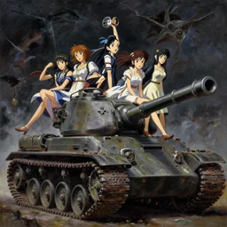 baroque oil painting of anime key visual concept art of anime girls riding great war battlefield tank, dark fantasy, rule of thirds, cinematic lighting, fake hidden detail, trending on pixiv fanbox, acrylic palette knife and brush, style of makoto shinkai studio ghibli genshin impact jamie wyeth james gilleard greg rutkowski