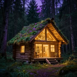 portrait of an ethereal log cabin made of golden purple and green light, evergreen forest, divine, cyberspace, mysterious, high-contrast, 4k, award-winning photograph