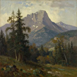 a painting of a mountain scene with trees by thomas moran, cgsociety, hudson river school, wimmelbilder, apocalypse landscape, oil on canvas