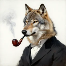 portrait of a singular aristocratic wolf wearing a tuxedo and smoking an old pipe, painting by ida rentoul outhwaite, closeup, isolated on plain background