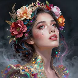tracee ellis ross, portrait, colorful and vibrant majestic, royal, open wide eyes, drops of tear with flowers on her hair, glowing light orbs, intricate concept art, elegant, digital painting, smooth, sharp focus, ethereal opalescent mist, outrun, vaporware, cyberpunk darksynth, ethereal, ominous, misty, 8 k, by ruan jia and miho hirano, rendered in octane